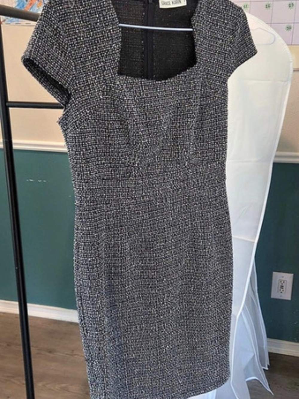 Grace Karin Tweed Square Neck Short Sleeve Pencil Dress Black & White Midi Size